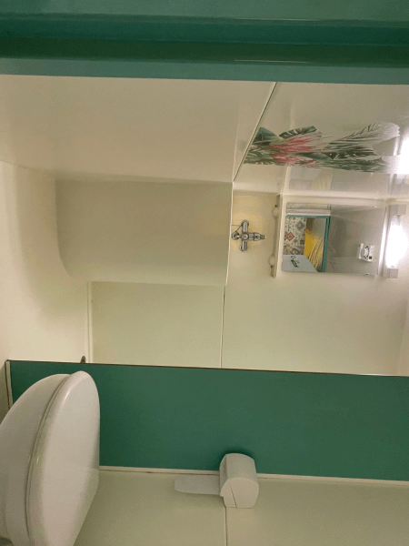 Cabine de douche avec lavabo et WC. Location bungalow à Camon, en Occitanie. Bungalow Toilé Cerisier Standard
